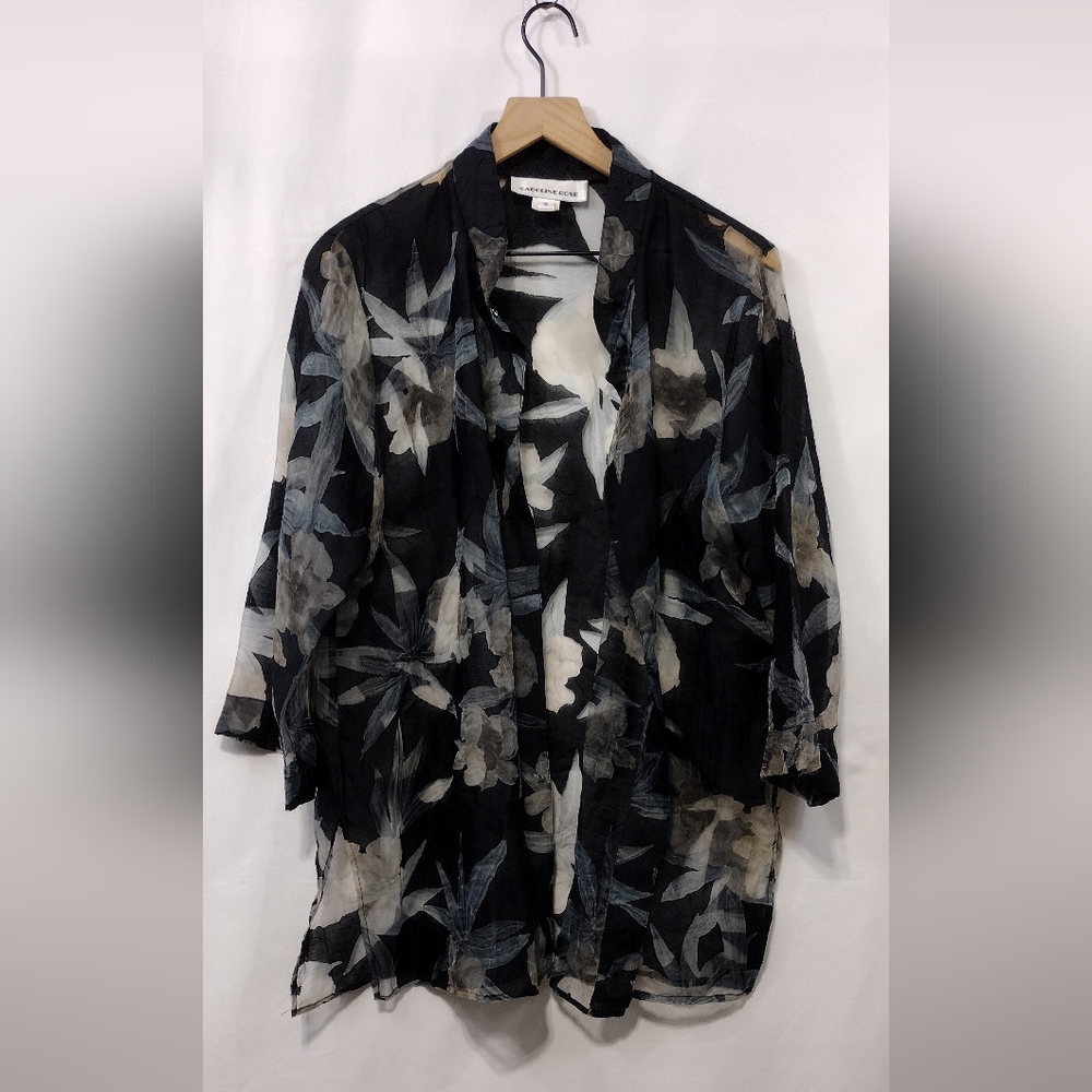 Coroline Rose Floral Sheer Kimono Women's S Black Cottagecore Peasant Boho Retro